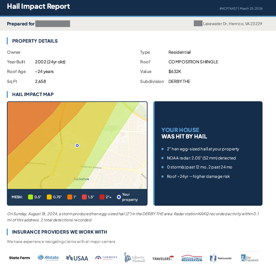 Branded Hail Impact Report showing property details, radar map, MESH data, and insurance provider logos — delivered to the homeowner with your branding
