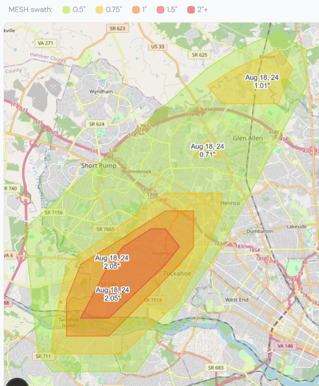 NOAA MESH radar map showing hail damage swaths up to 2.05 inches across Henrico County, VA with color-coded severity zones
