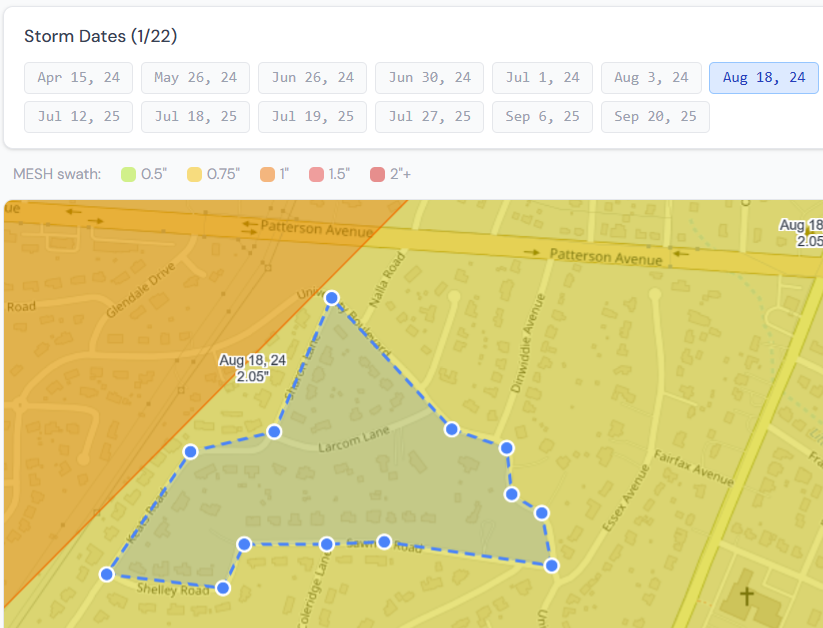 Interactive map with a drawn polygon boundary selecting a specific neighborhood within a hail impact zone, with storm date timeline